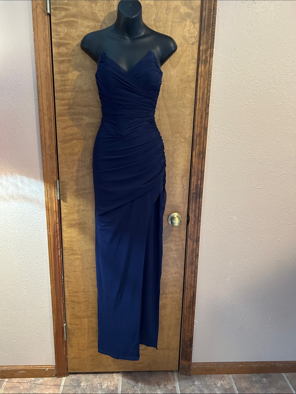 Navy Strapless Ruched Prom Gown with Side Slit. NWOT